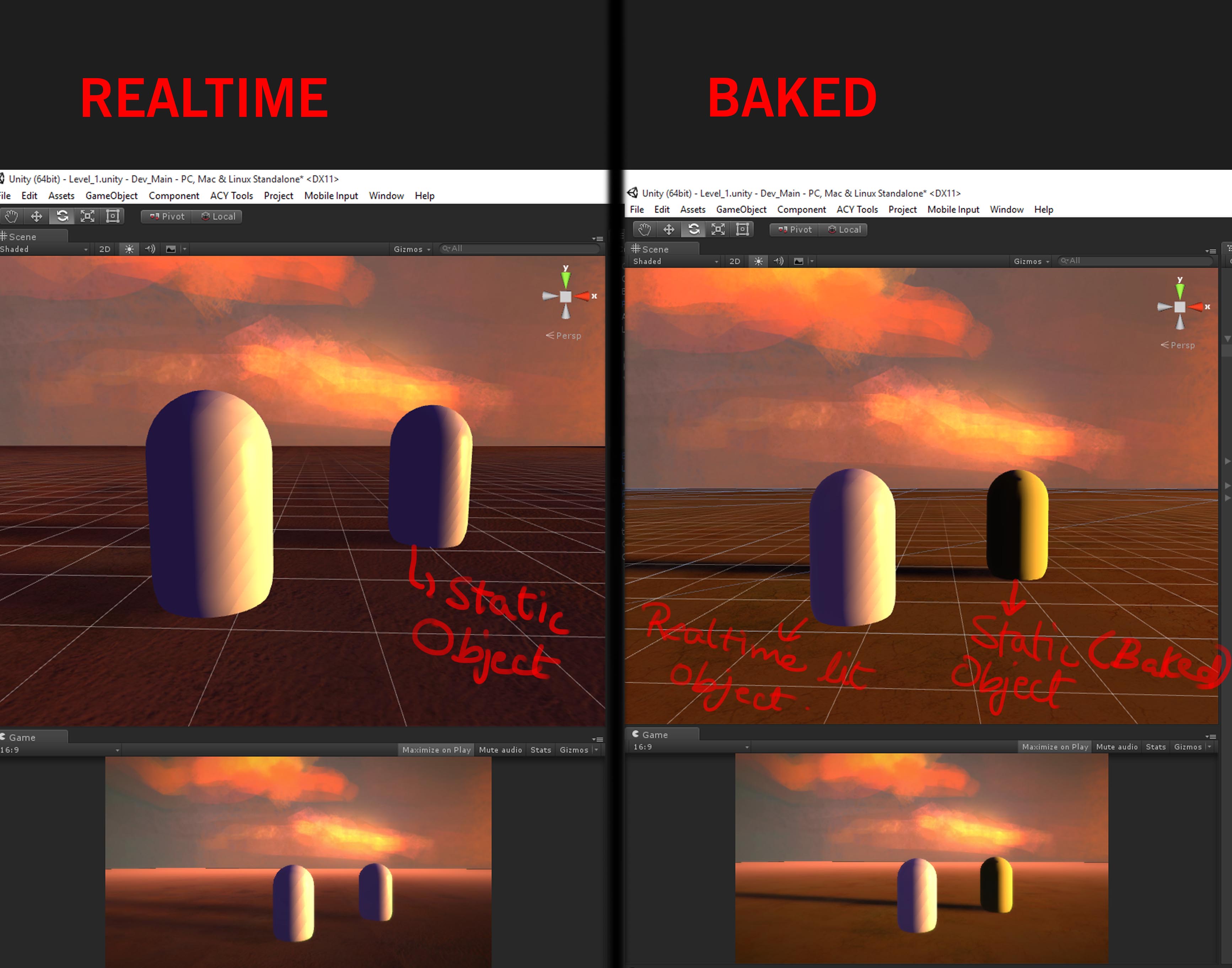 Baked light shadows showing different 